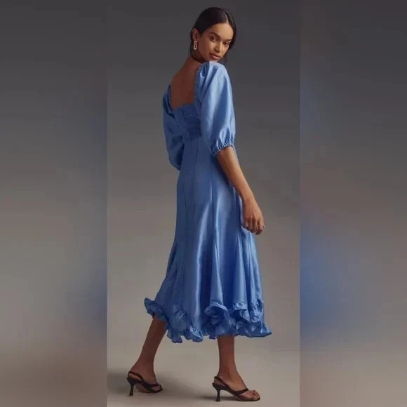 Anthropologie Hutch Twist-Front Puff-Sleeve Ruffle-Hem Midi Dress Sky Blue XS - Picture 3 of 13